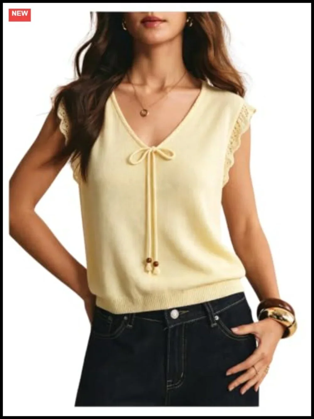V Neck Cap Sleeve Lace Knit Pullover Top